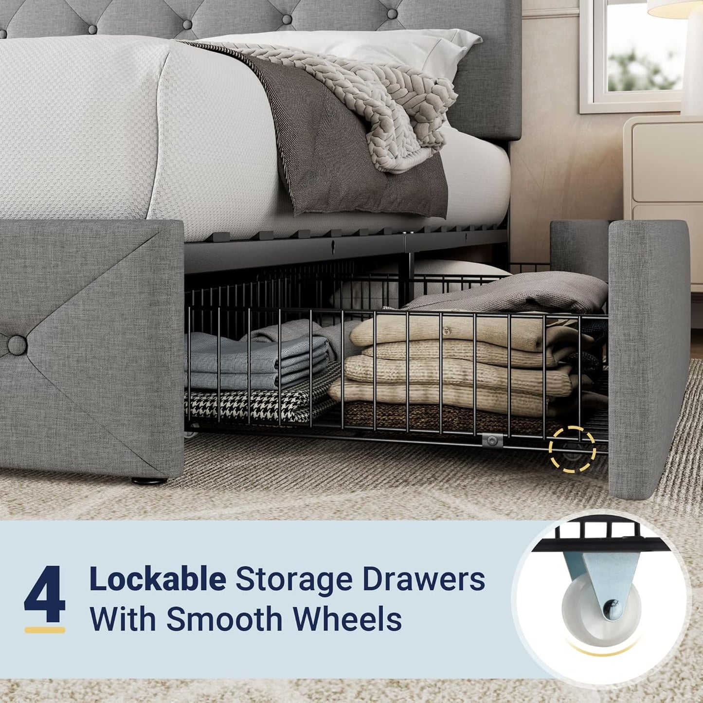 Allewie Upholstered Queen Size Platform Bed Frame with 4 Storage Drawers and Headboard, Square Stitched Button Tufted, Mattress Foundation with Wooden Slats Support, No Box Spring Needed