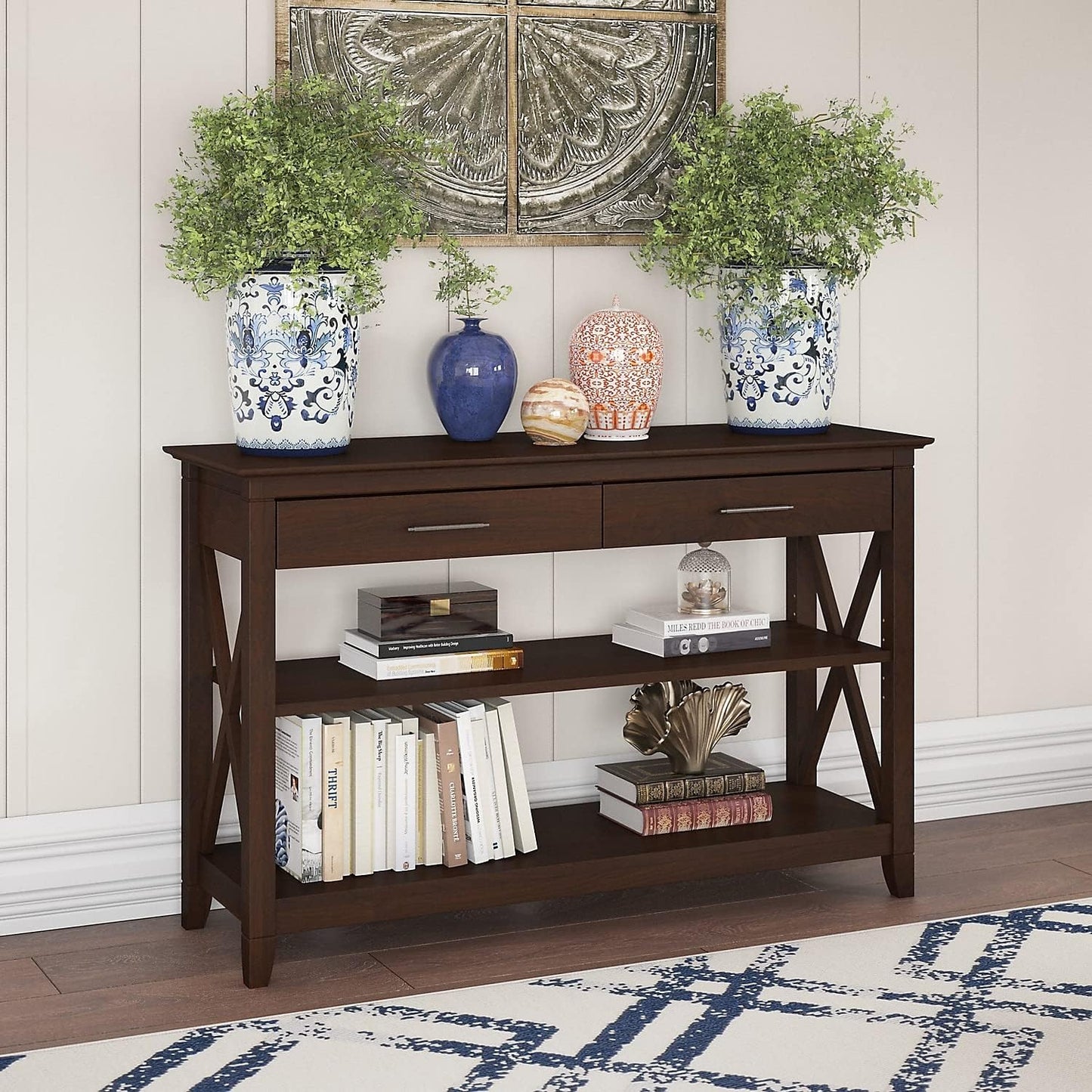 Key West Console Table with Drawers and Shelves in Linen White Oak