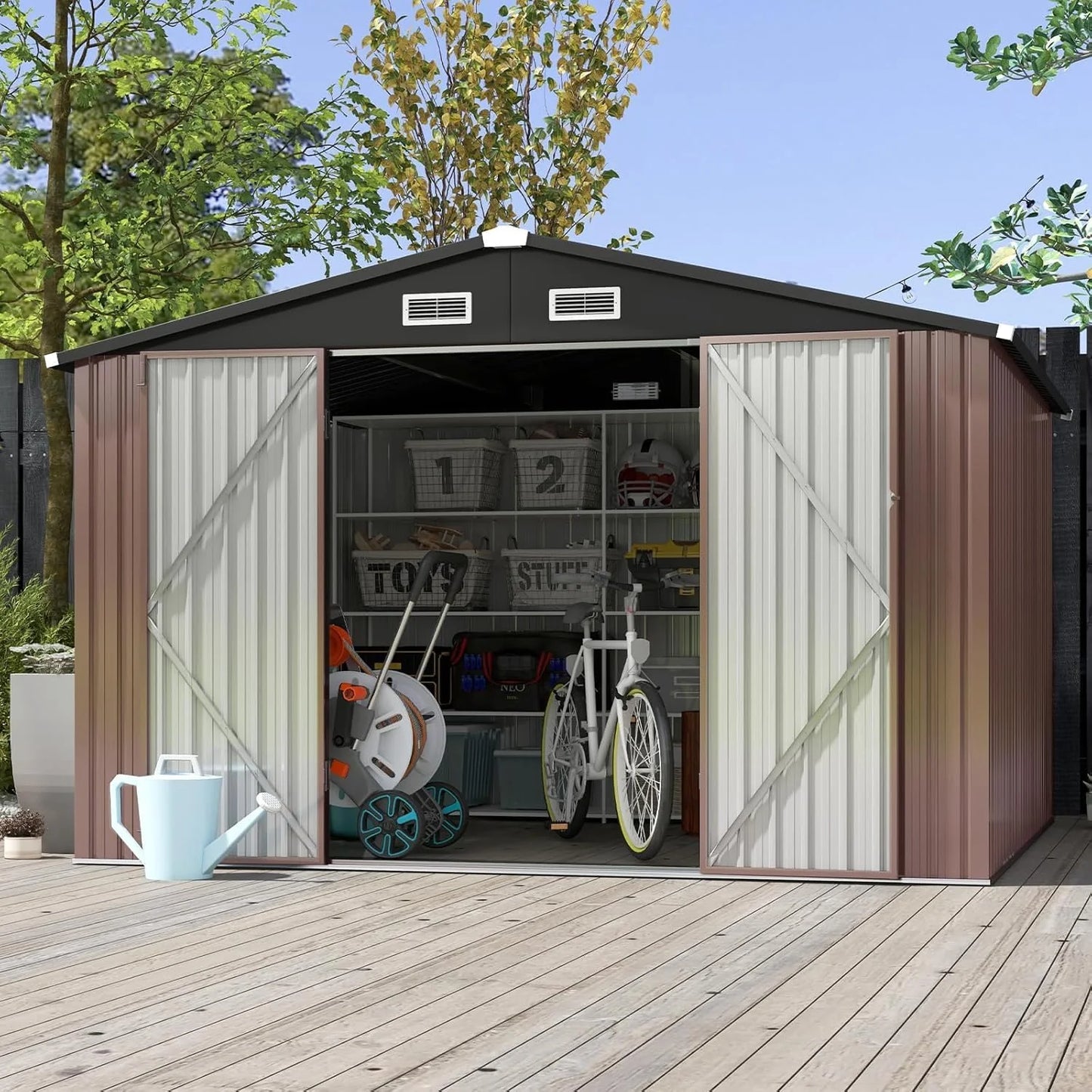 Aoxun 6.2x4 FT Shed Outdoor Storage Shed Metal Garden Shed with Lockable Doors & Slooping Roof Tool Shed Bike Shed for Backyard, Patio, Poolside (Brown)