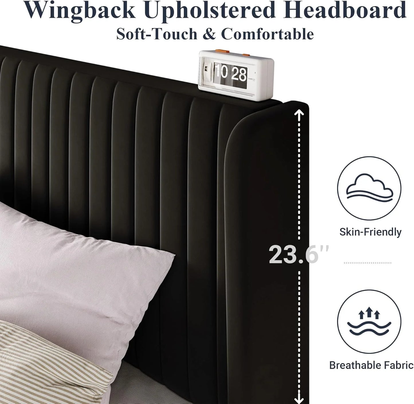 Allewie Full Size Velvet Bed Frame/Vertical Channel Tufted Wingback Headboard/Upholstered Platform Bed/Strong Wooden Slats/No Box Spring Needed/Easy Assembly/White