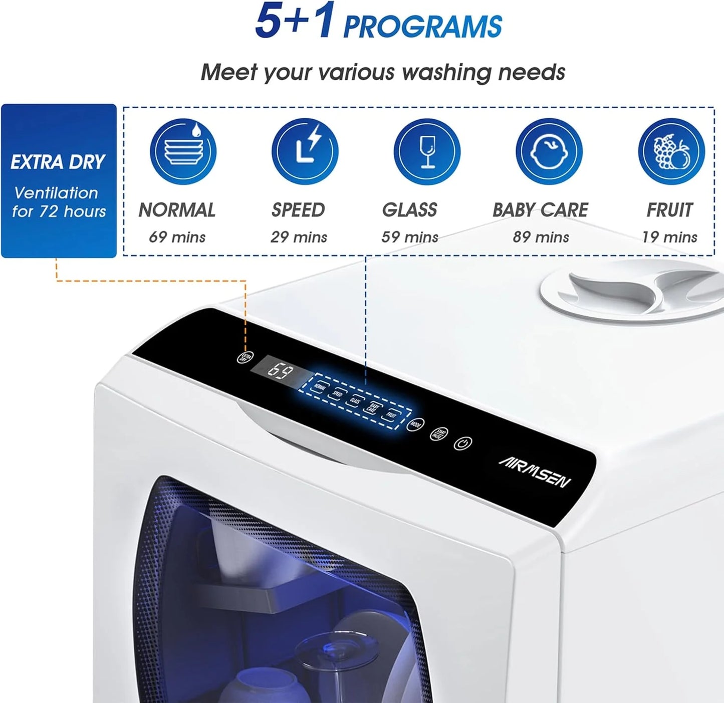 AIRMSEN portable tabletop dishwasher, 5 washing programs mini dishwasher