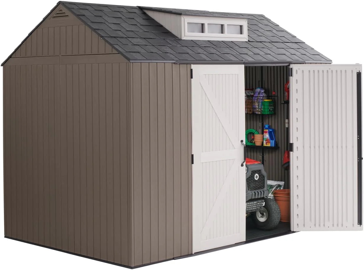 Rubbermaid Resin Outdoor Storage Shed With Floor (7 x 7 Ft) Weather Resistant Gray Organization for Home/Backyard/Garden Tools/Lawn Mower/Bike Storage/Pool Supplies
