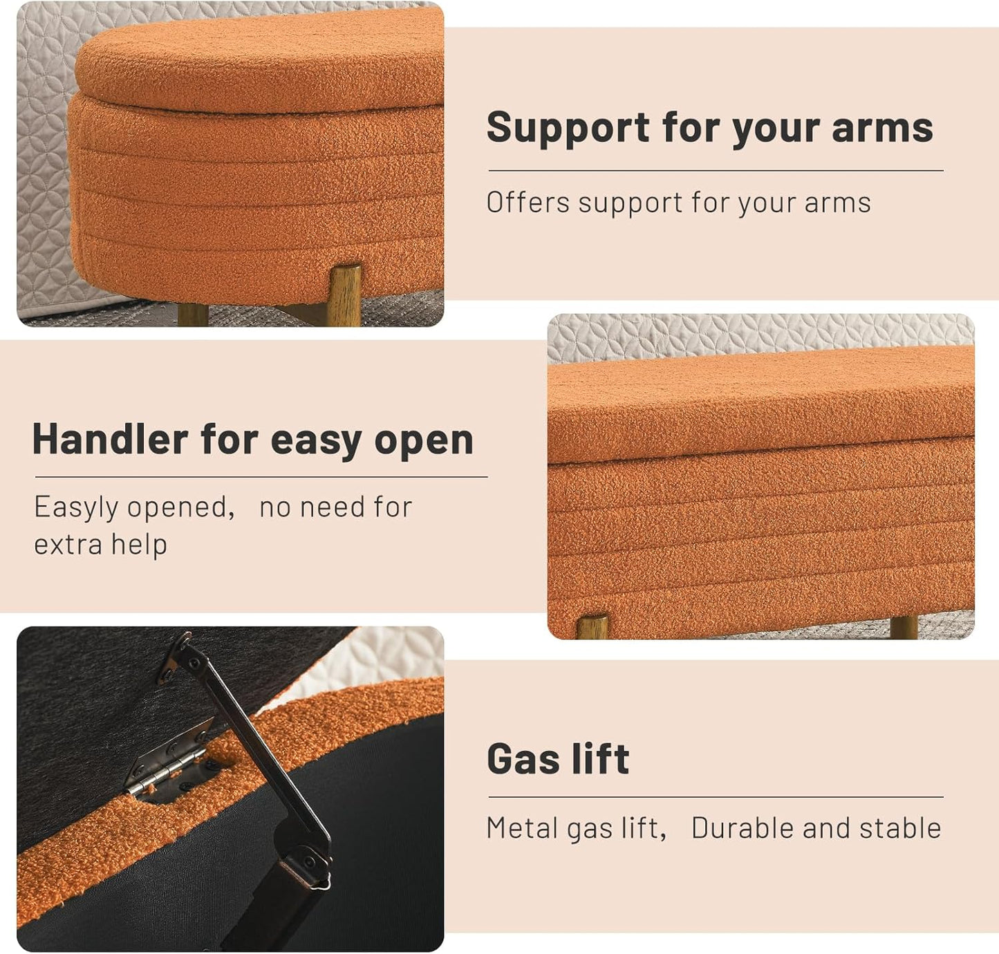 Furniliving Modern Storage Ottoman Bench, Sherpa Ottoman End of Bed Bench with Solid Wood Legs Upholstered Ottoman Benches with Storage Indoor Bench