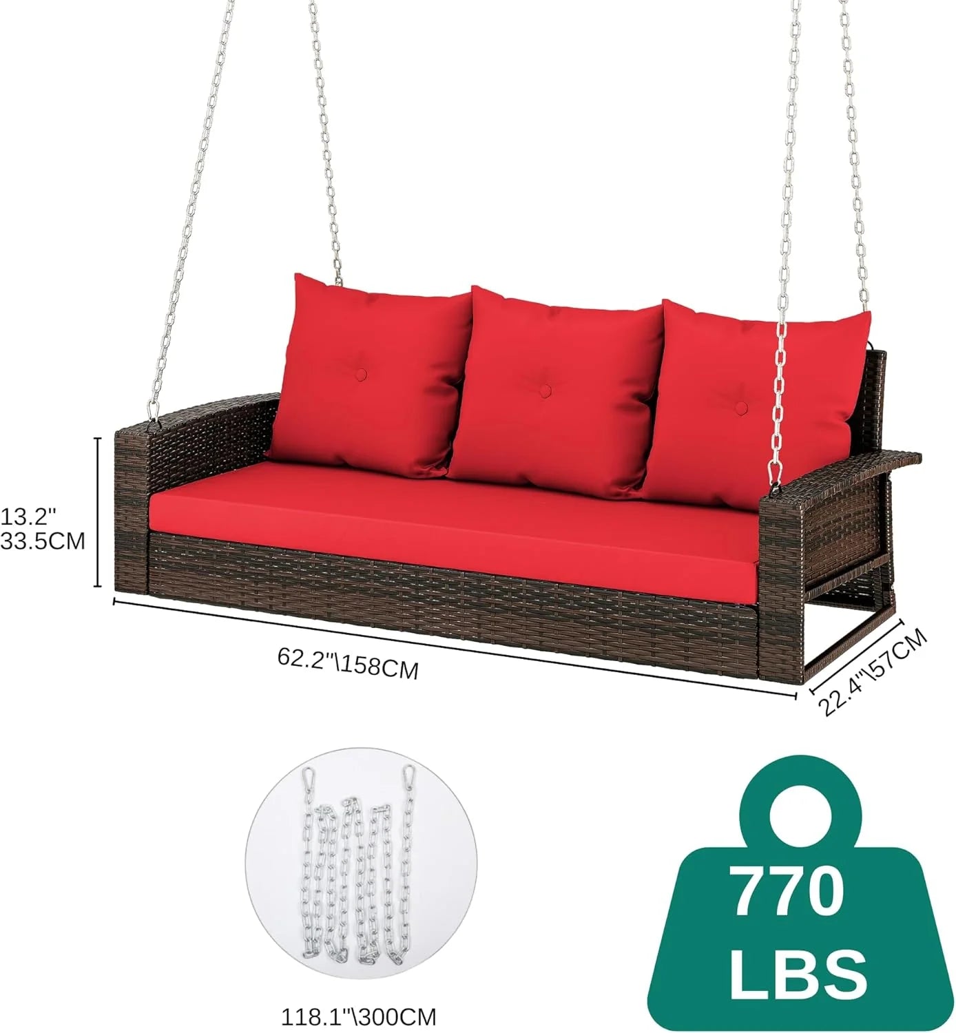 YITAHOME Hanging Porch Swing Chair Sits 3 People, Wicker Outdoor Swing Bench, Patio Lounge Chair, 1 Seating Cushion and 3 Back Cushions, w/Removable Covers, for Garden, Balcony, Backyard, Brown