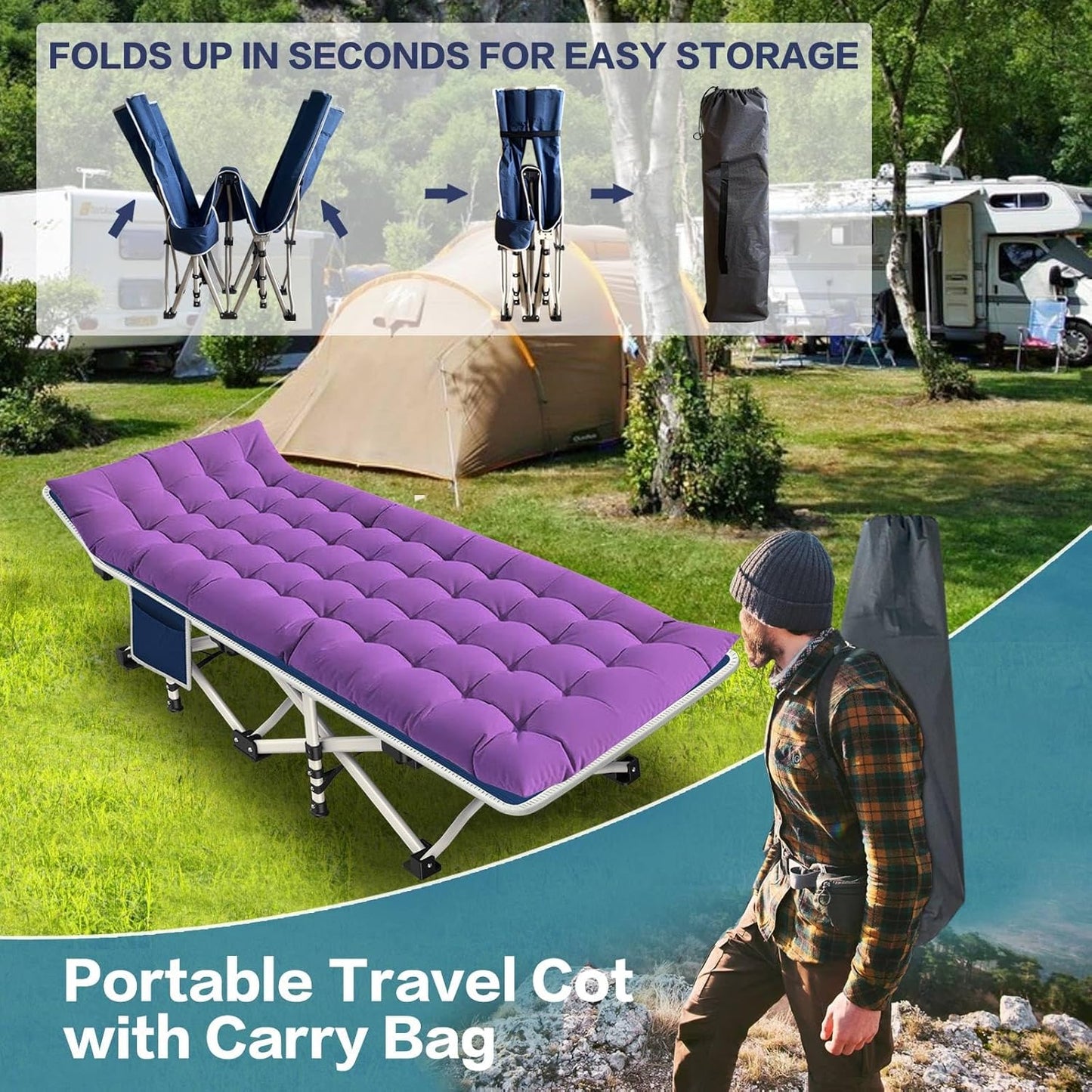 2-Pack Camping Cots with Mattress Comfortable Folding Bed Heavy Duty Baby Cot