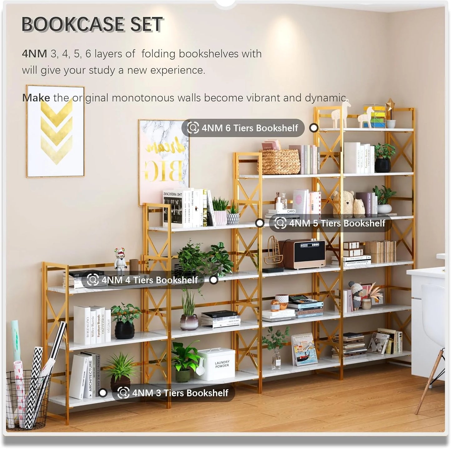 5 Tiers No Assembly Book Shelves 51.2" H Folding Bookshelf Bookcase