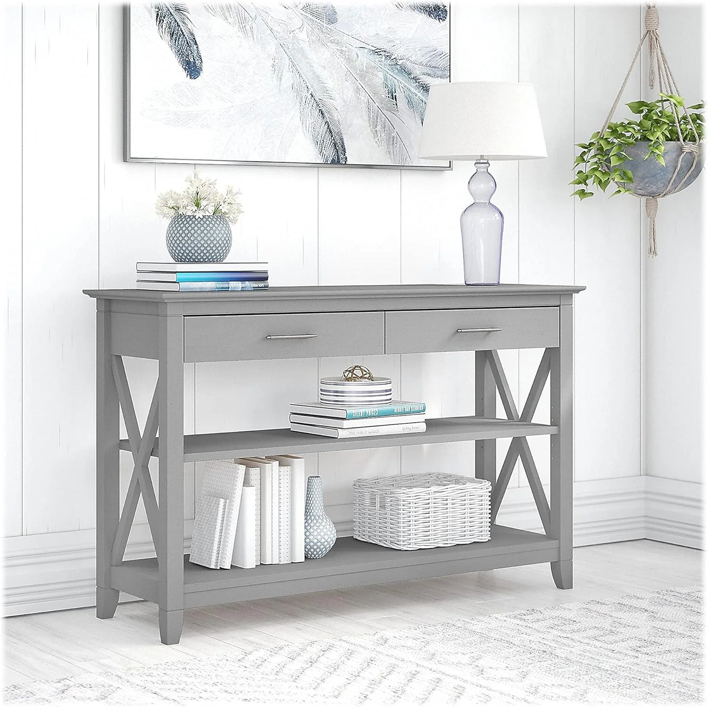 Key West Console Table with Drawers and Shelves in Linen White Oak