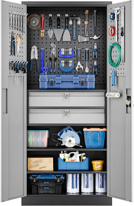 Yizosh Metal Garage Storage Cabinet with Locking Doors and 2 Drawers, Heavy Duty Steel Tool Cabinet with Pegboard, 71" - Lockable Cabinets