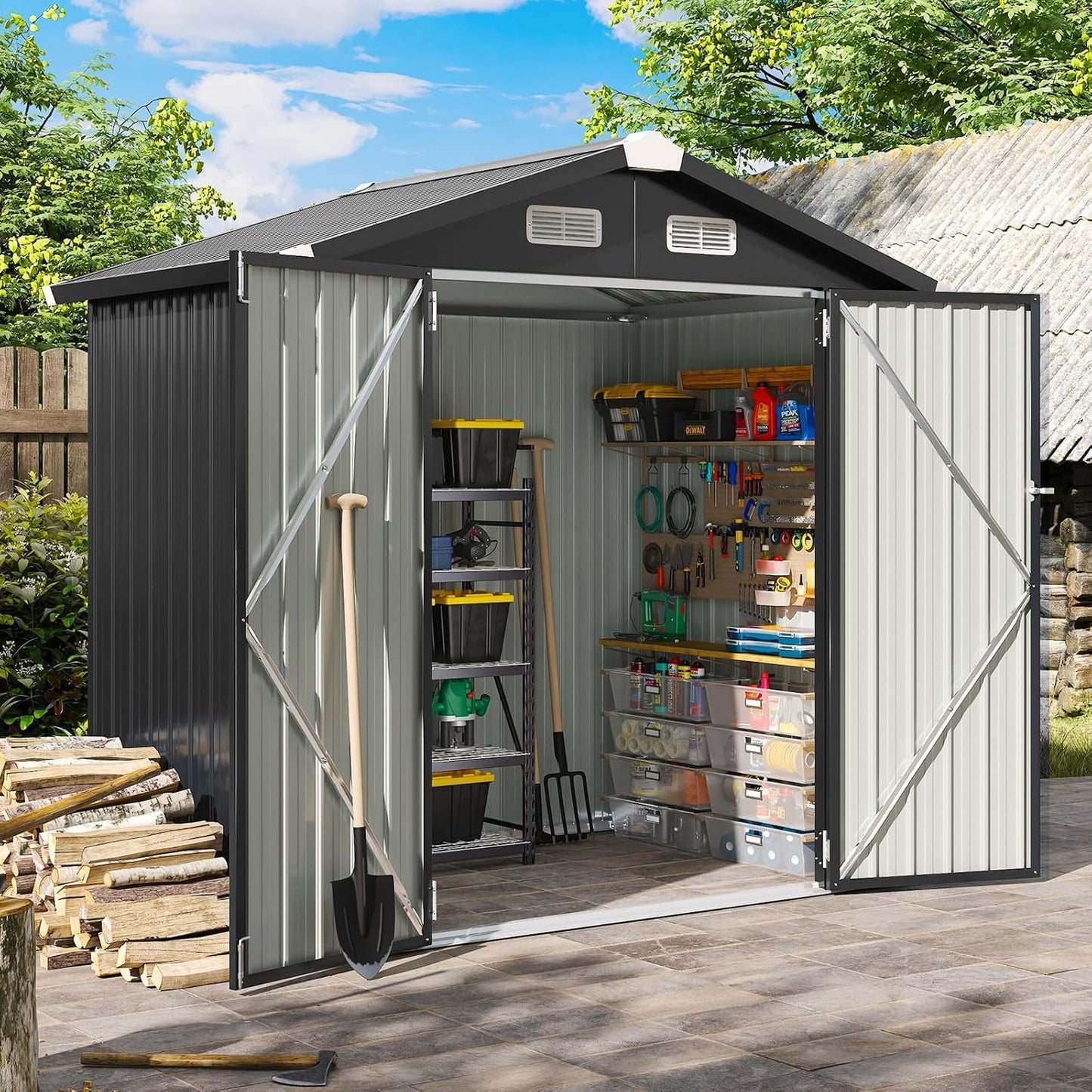 Aoxun 6.2x4 FT Shed Outdoor Storage Shed Metal Garden Shed with Lockable Doors & Slooping Roof Tool Shed Bike Shed for Backyard, Patio, Poolside (Brown)