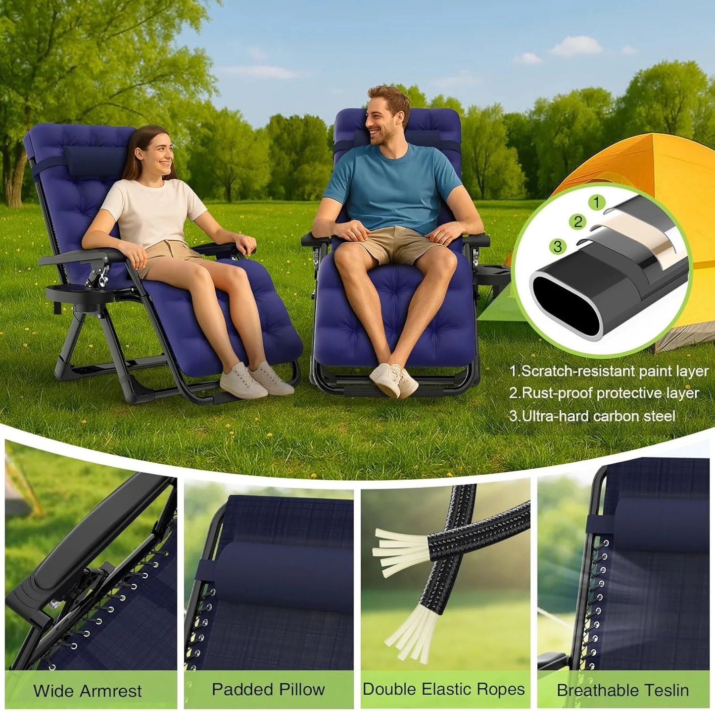 Indoor and outdoor patio chair folding lounge chair zero gravity chair with removable cushion camping lounge chair