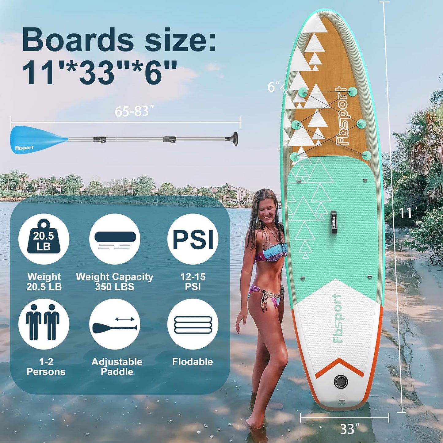 FBSPORT 11' Premium Stand Up Paddle Board, Yoga Board with Durable SUP Accessories & Carry Bag | Wide Stance, Surf Control, Non-Slip Deck, Leash, Paddle and Pump for Youth & Adult