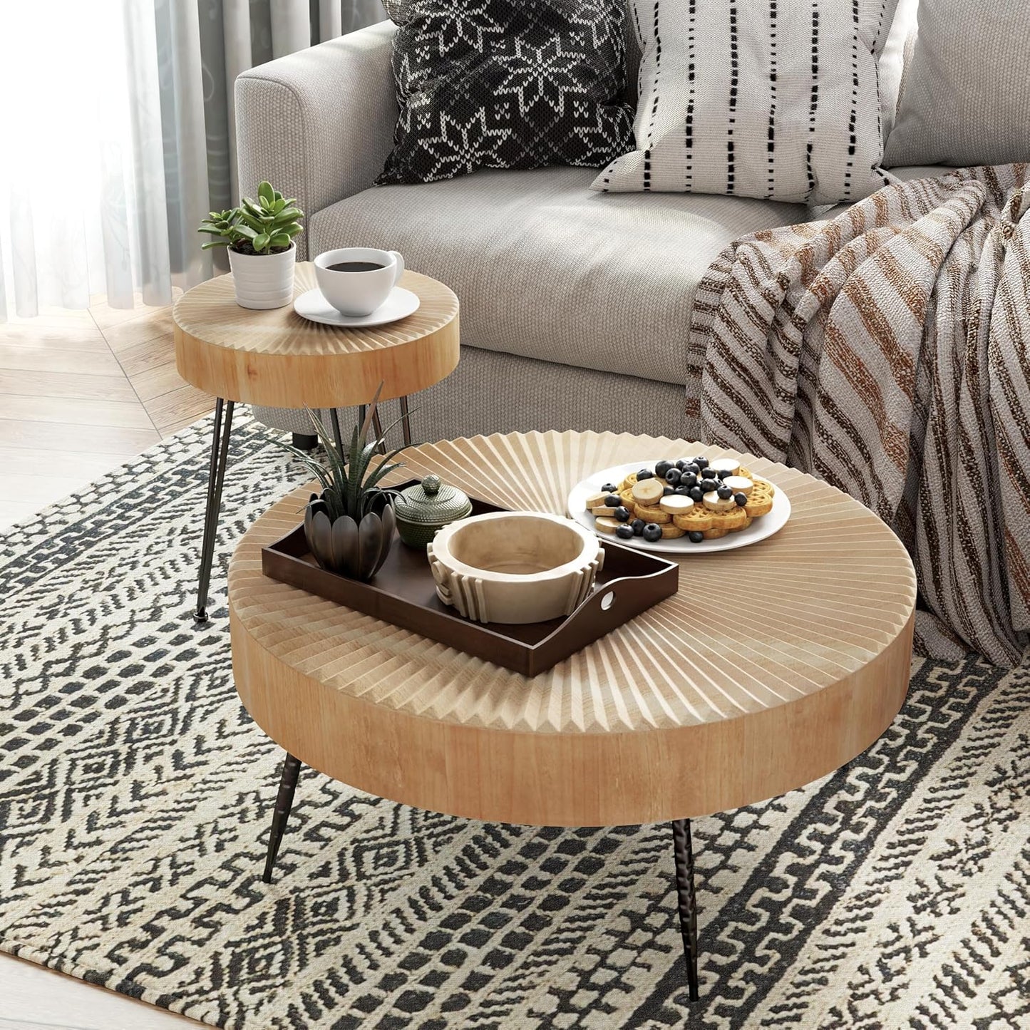 Two-Piece Modern Farmhouse Living Room Coffee Table Set, Round Nesting Tables