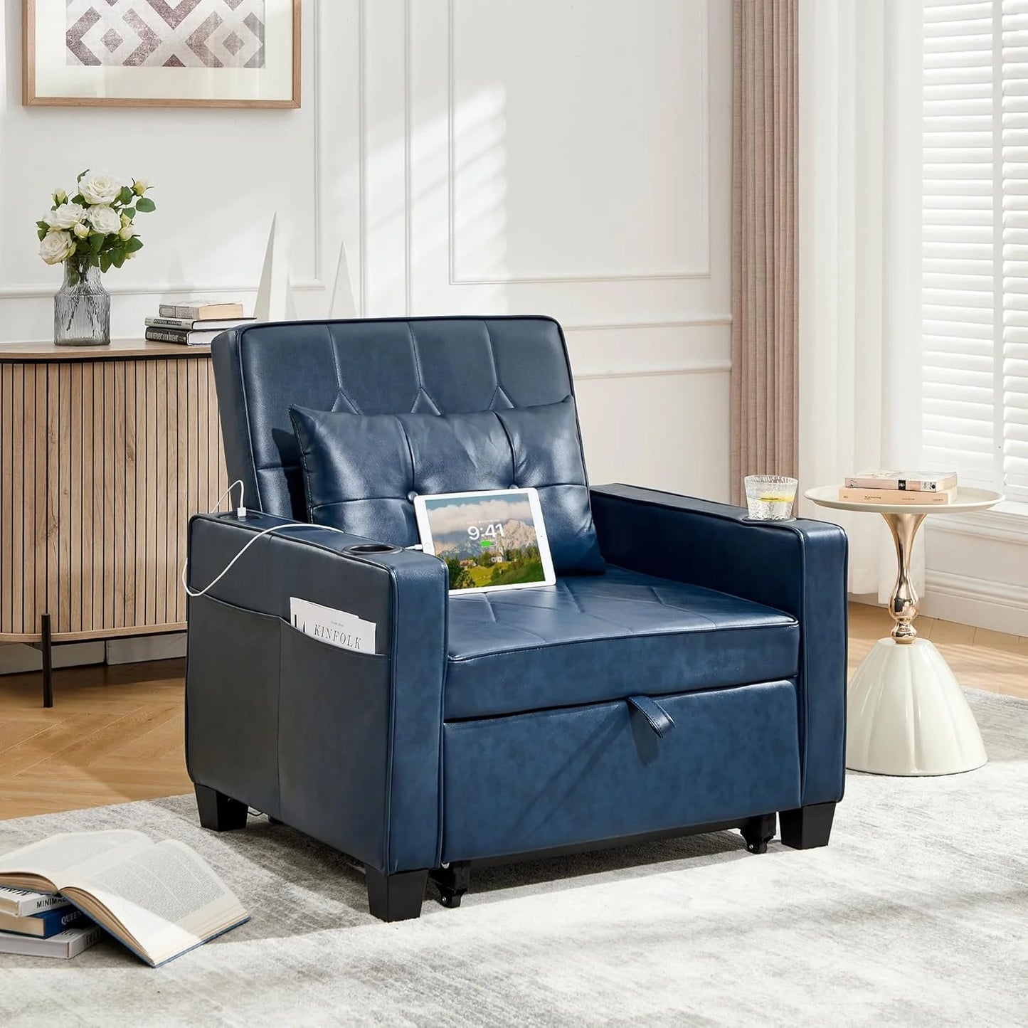 Adult Convertible Sleeper Chair Bed, 3-in-1 Pull-Out Sofa Bed with USB/Type-C Ports, Cup Holders, Side Pockets, Single Sofa