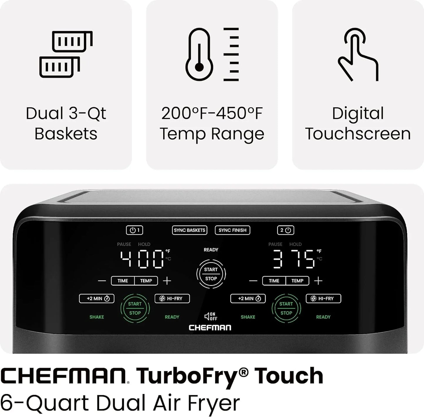 Chefman 6-Quart Dual Basket Air Fryer - Digital Touchscreen, Smart Sync Finish, High-Frying, Auto-Off, 2 Independent 3-Quart Nonstick Pans, Dishwasher-Safe Baskets