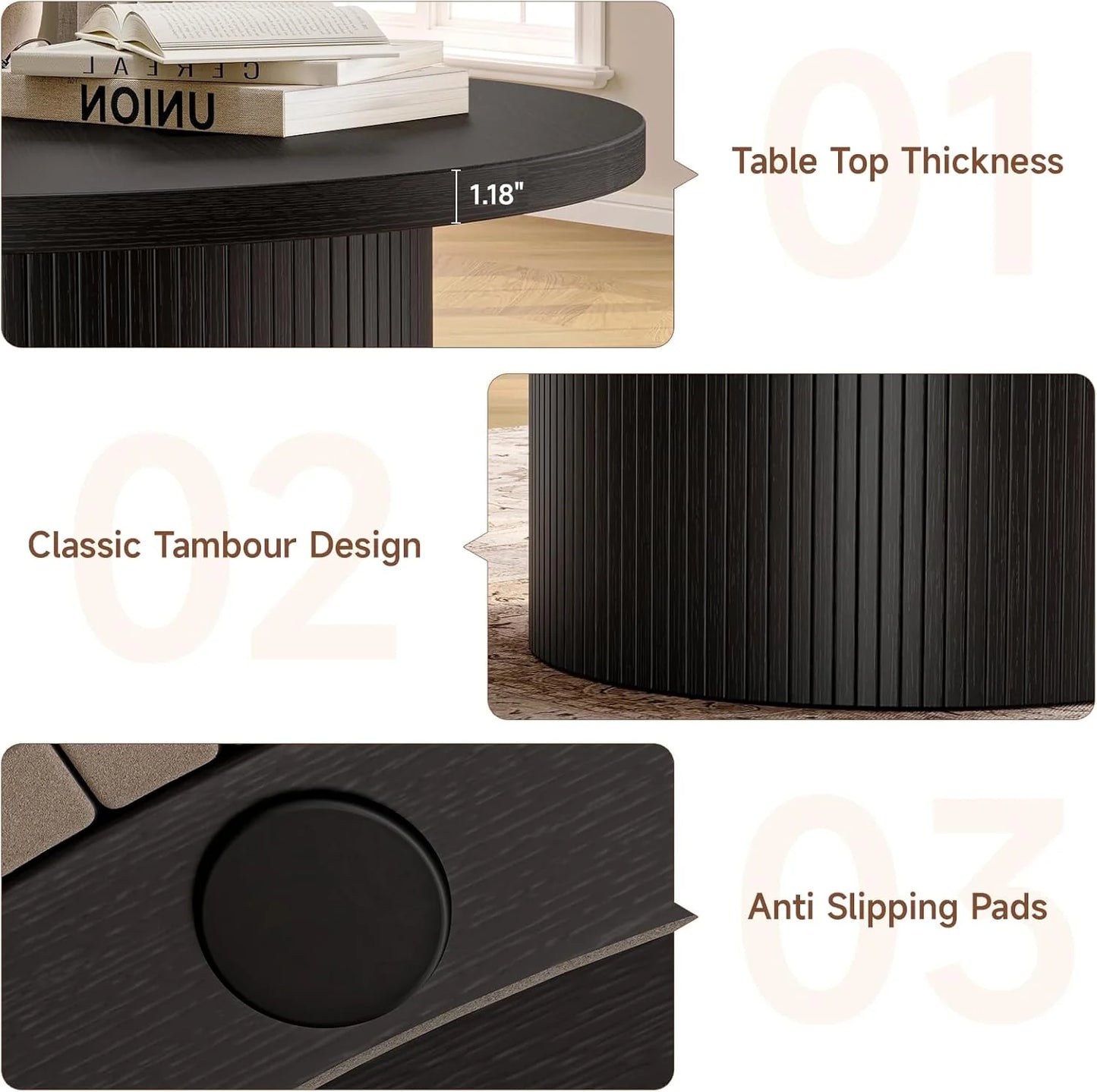 31.5 inch round coffee table, living room roll-up coffee table, mid-century modern wood coffee table