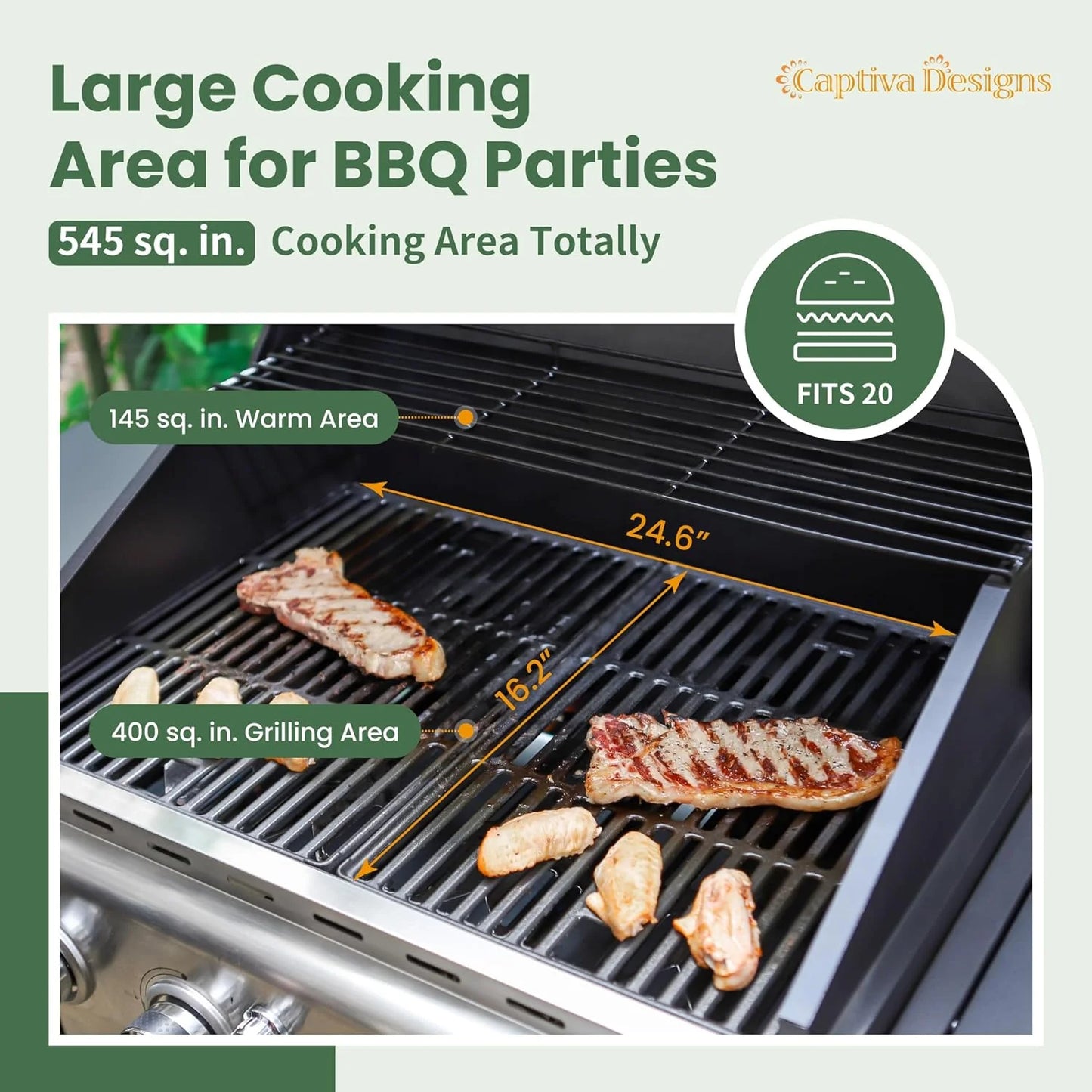 Captiva Designs 4-Burner Propane Gas BBQ Grill with Side Burner & Porcelain-Enameled Cast Iron Grates, 42,000 BTU Output Stainless Steel Grill for Outdoor Cooking Kitchen and Patio Backyard Barbecue
