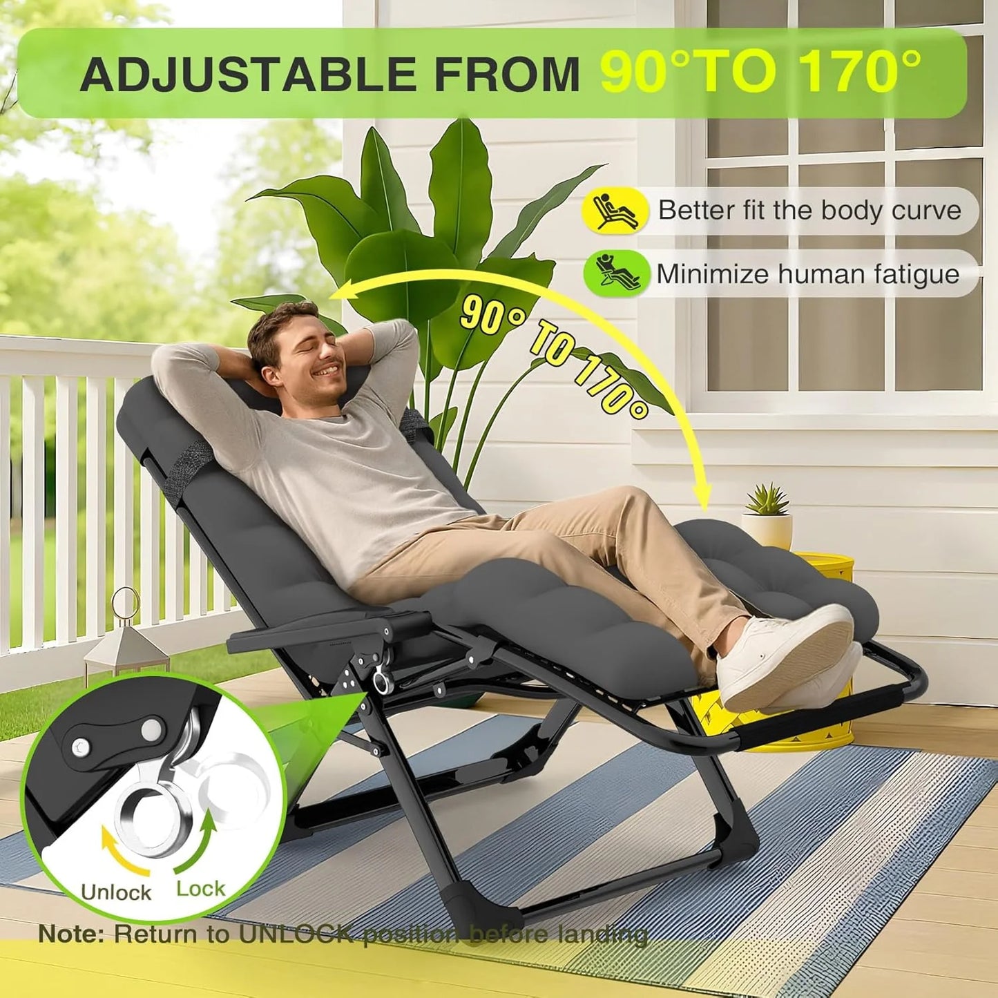 Indoor and outdoor patio chair folding lounge chair zero gravity chair with removable cushion camping lounge chair