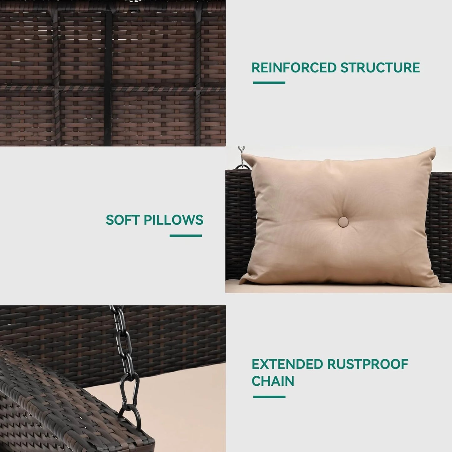 YITAHOME Hanging Porch Swing Chair Sits 3 People, Wicker Outdoor Swing Bench, Patio Lounge Chair, 1 Seating Cushion and 3 Back Cushions, w/Removable Covers, for Garden, Balcony, Backyard, Brown