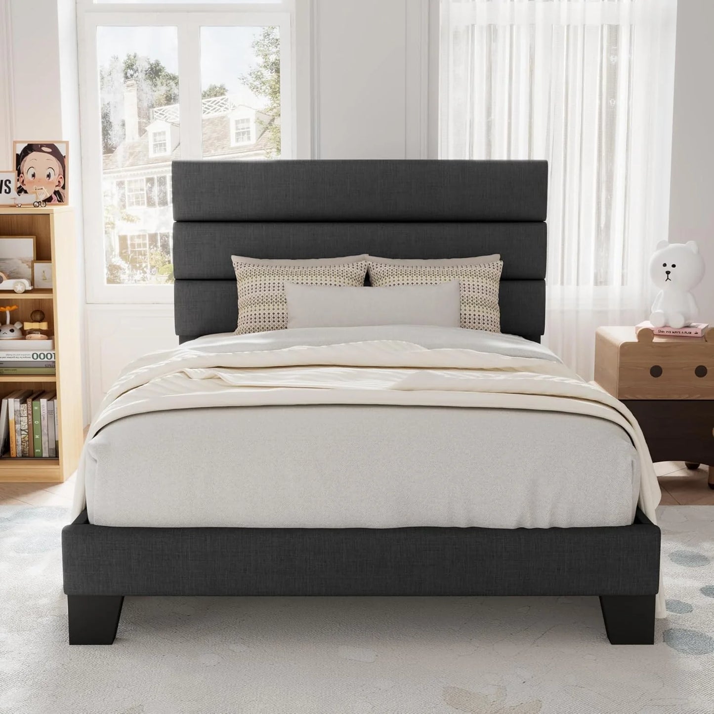 Allewie Queen Size Platform Bed Frame with Fabric Upholstered Headboard and Wooden Slats Support, Fully Upholstered Mattress Foundation/No Box Spring Needed