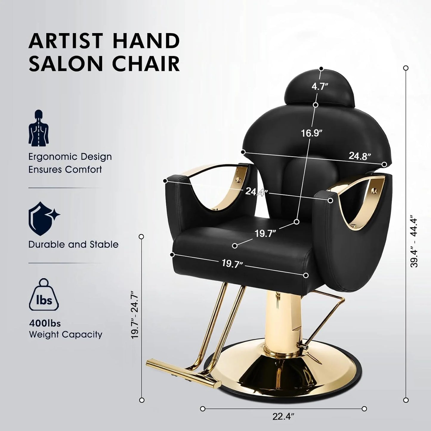 Artist Hand Salon Chair Reclining Barber Chair Oversized Hydraulic Pump Heavy Duty Hair Salon Chair 360 Degree Swivel Hair Chair for Hair Stylist, Beauty Spa Equipment Max Load 400 LBS, Black and Gold