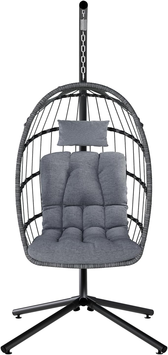 SWITTE Egg Chair Outdoor with Stand, Indoor Wicker Hanging Egg Swing Chair with Cushion, 350lbs Capacity for Patio, Bedroom
