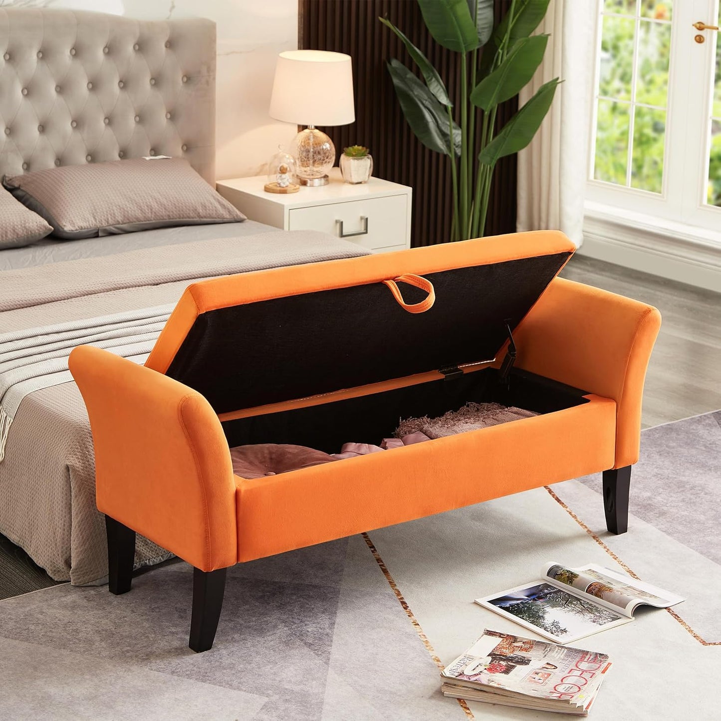 Furniliving Modern Storage Ottoman Bench, Sherpa Ottoman End of Bed Bench with Solid Wood Legs Upholstered Ottoman Benches with Storage Indoor Bench