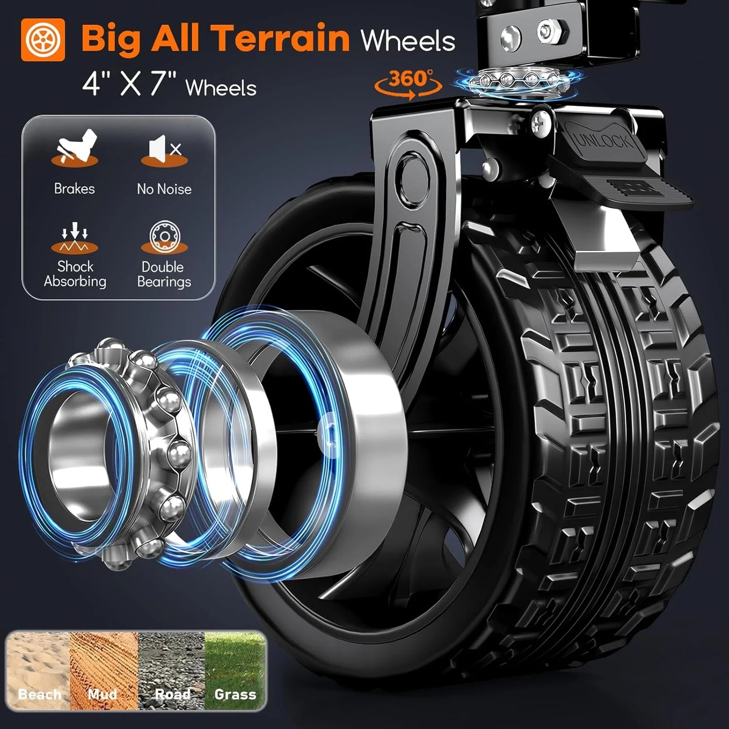 38" long foldable four-wheel stroller, foldable, 460 lb capacity, 220 liter heavy-duty folding beach stroller with large all-terrain tires