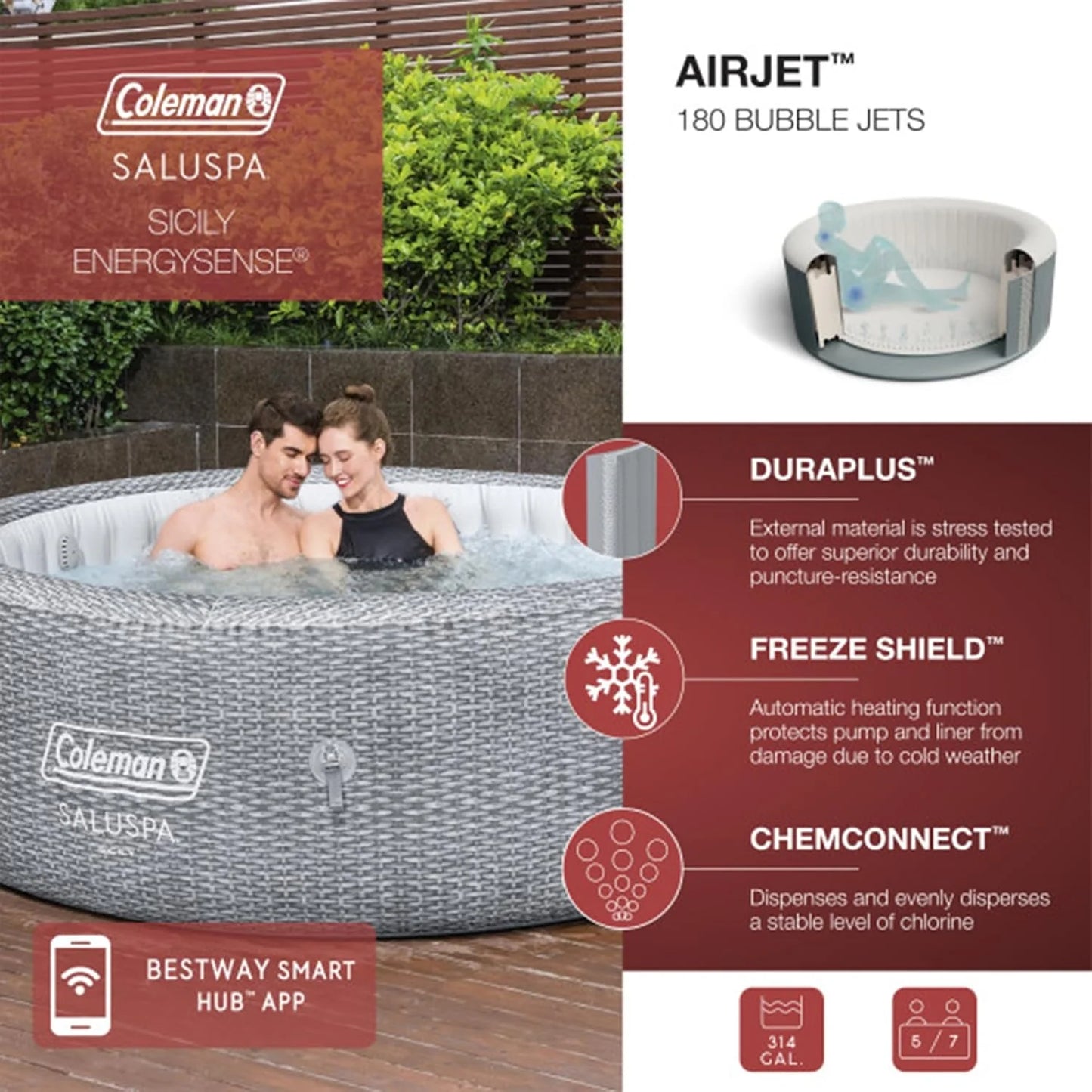 SaluSpa Sicily AirJet 7 Person Inflatable Hot Tub Round Portable Outdoor Spa with 180 Soothing AirJets and Insulated Cover, Gray