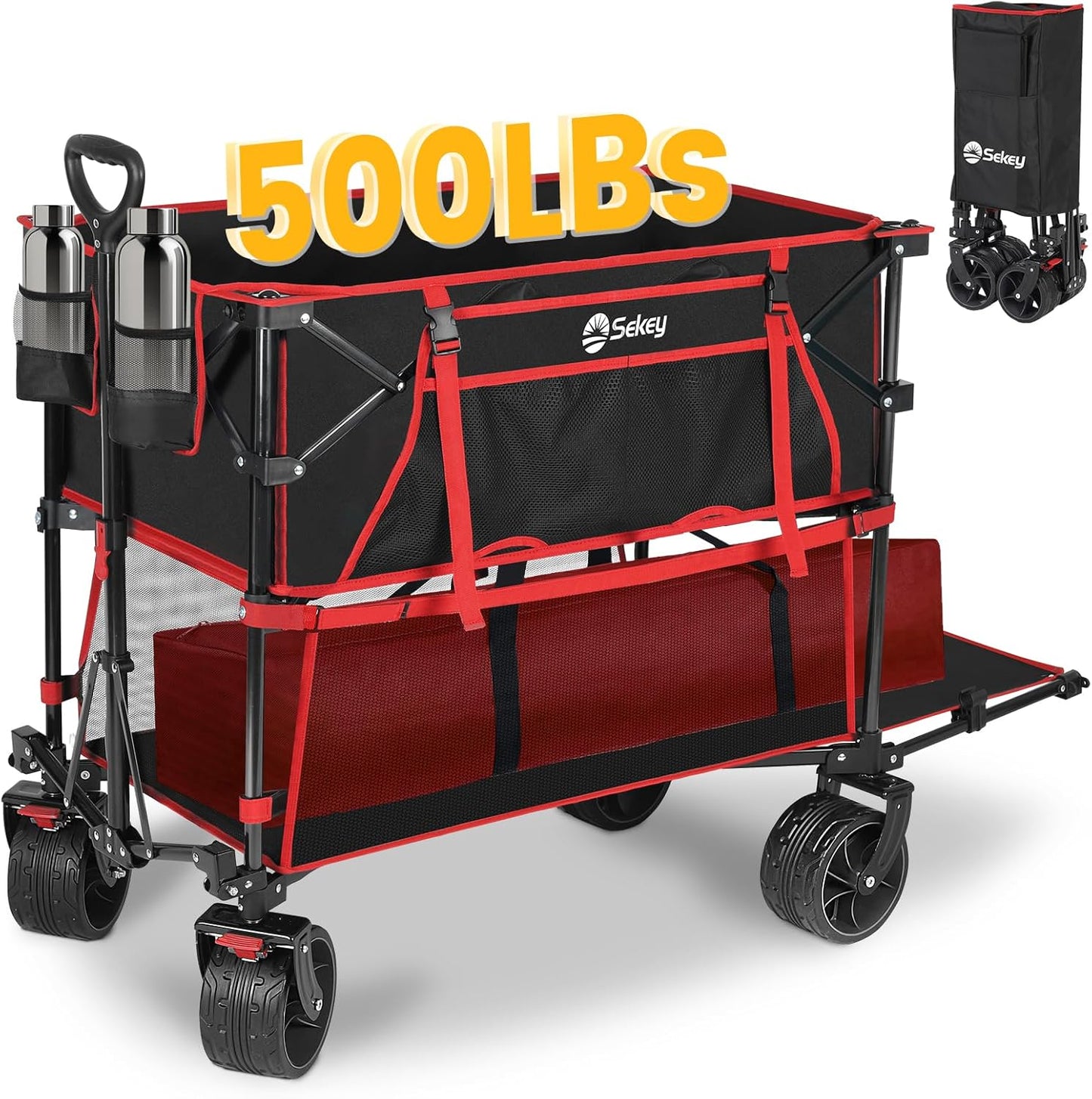 400L Large Capacity Folding Double Decker Wagon with Brakes, 50" Extra Long Extender Cart, 500lbs Heavy Duty Collapsible Wagons