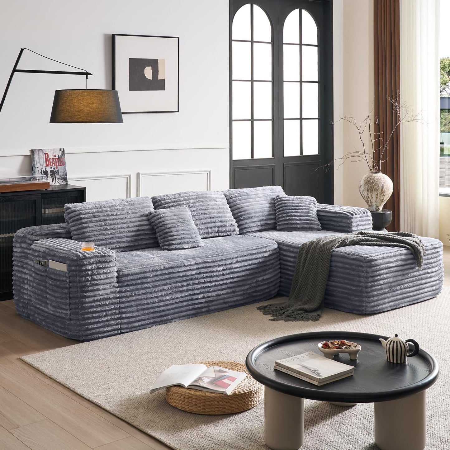 Cloud section sofa with L-shaped recliner, modern modular sofa, built-in cup holder