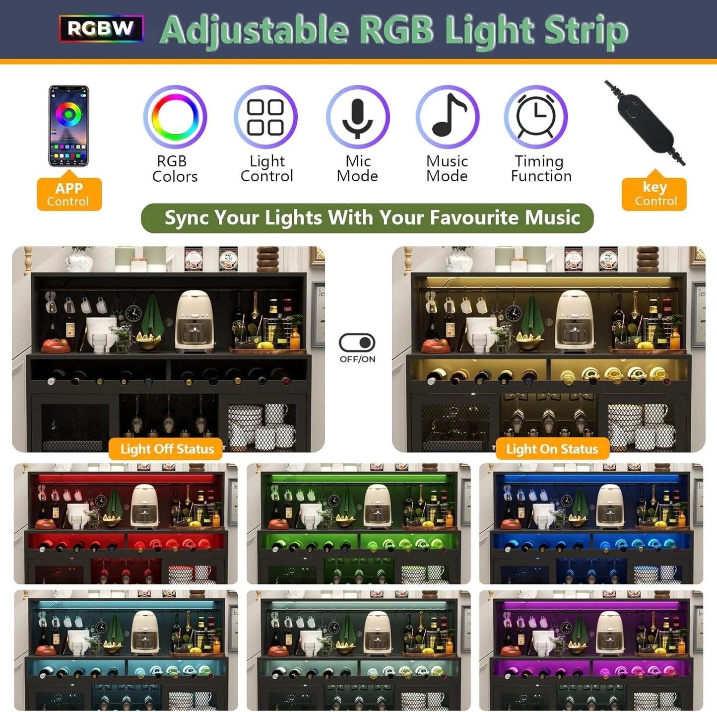 Wine Bar Cabinet with LED Light, Liquor Cabinet with Glass Holder, Coffee Bar for Liquor, Storage Buffet with Wine Racks, Wine Cabinet