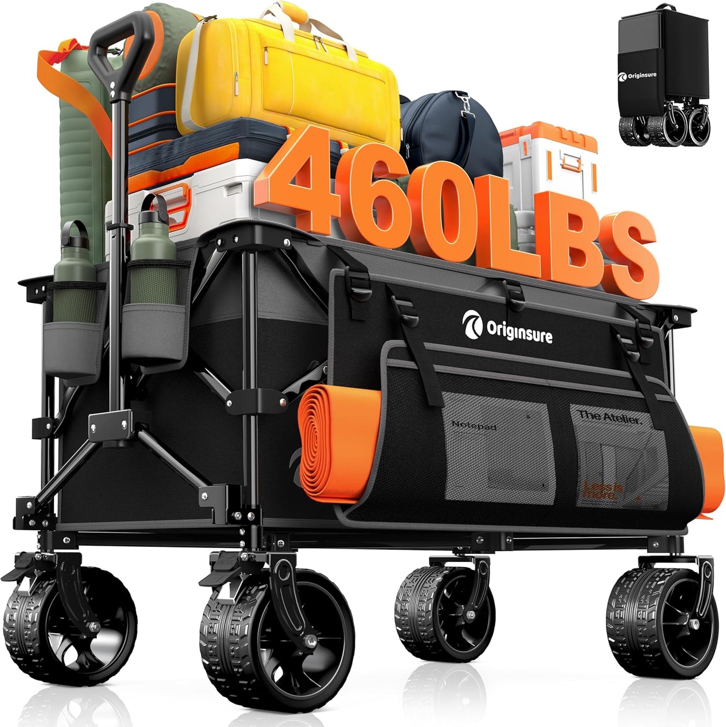 38" long foldable four-wheel stroller, foldable, 460 lb capacity, 220 liter heavy-duty folding beach stroller with large all-terrain tires