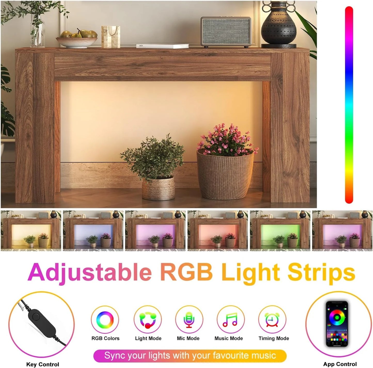 63-Inch Long Console Table with LED Light Farmhouse Sofa Table Behind Couch