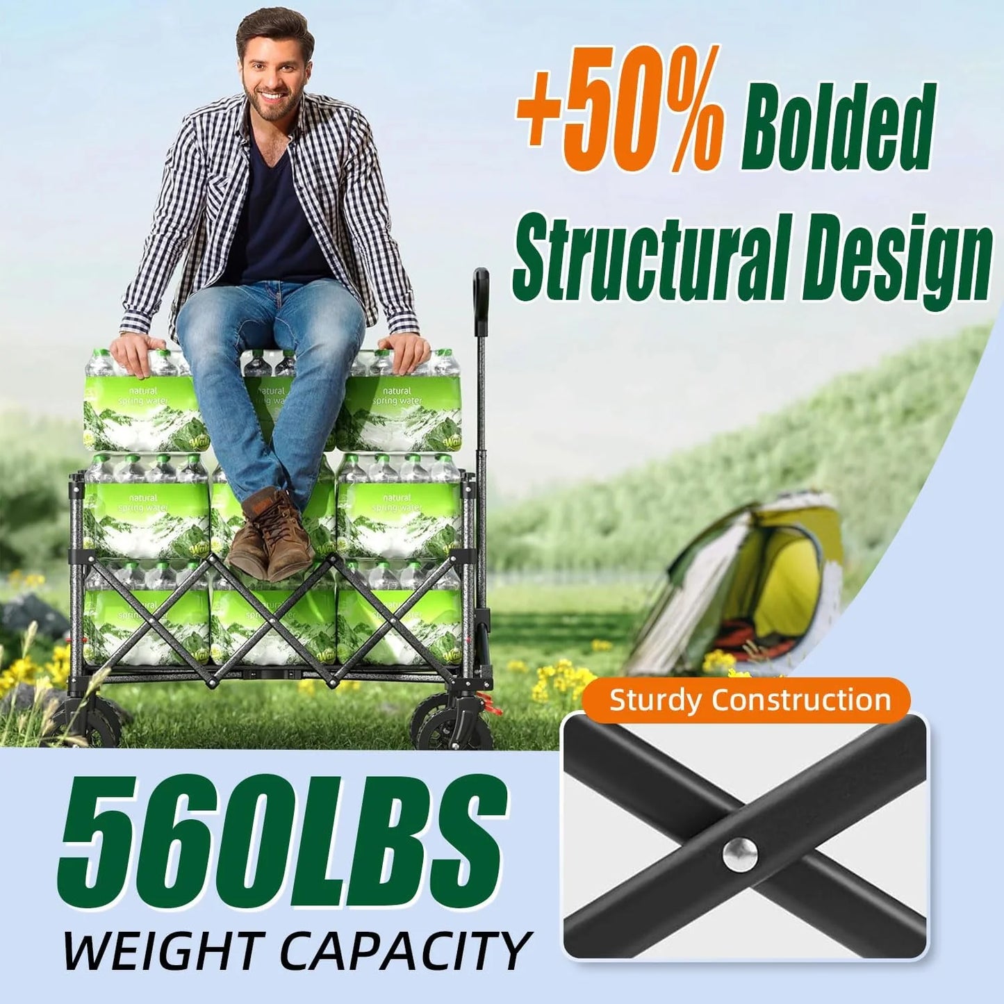 Foldable 4-wheel cart, foldable, 37 inches long, 480 lb capacity, heavy-duty beach cart, shopping cart with wheels