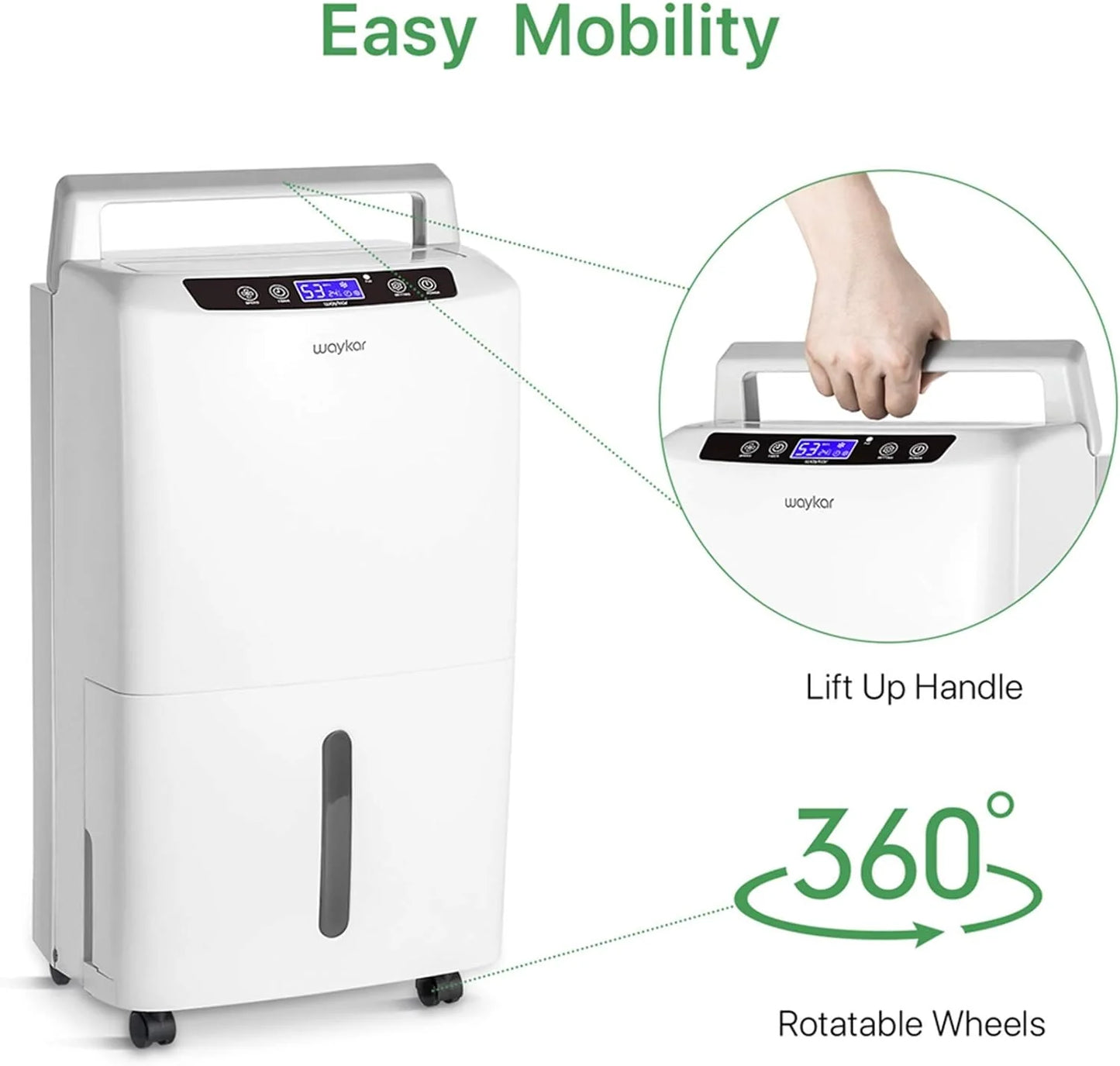 Waykar 2000 Sq. Ft Dehumidifier for Home and Basements, with Auto or Manual Drainage, 0.66 Gallon Water Tank Capacity