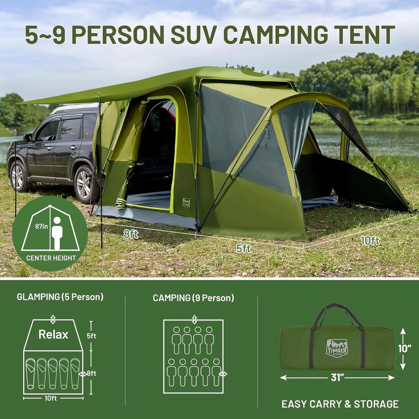 TIMBER RIDGE 5-9 Person SUV Tent with Screen Porch and Awning for Family Camping, Weather Resistant and Portable Van or Car Tent, Includes Rainfly and Storage Bag, 13' W X 10' L X 7.1' H