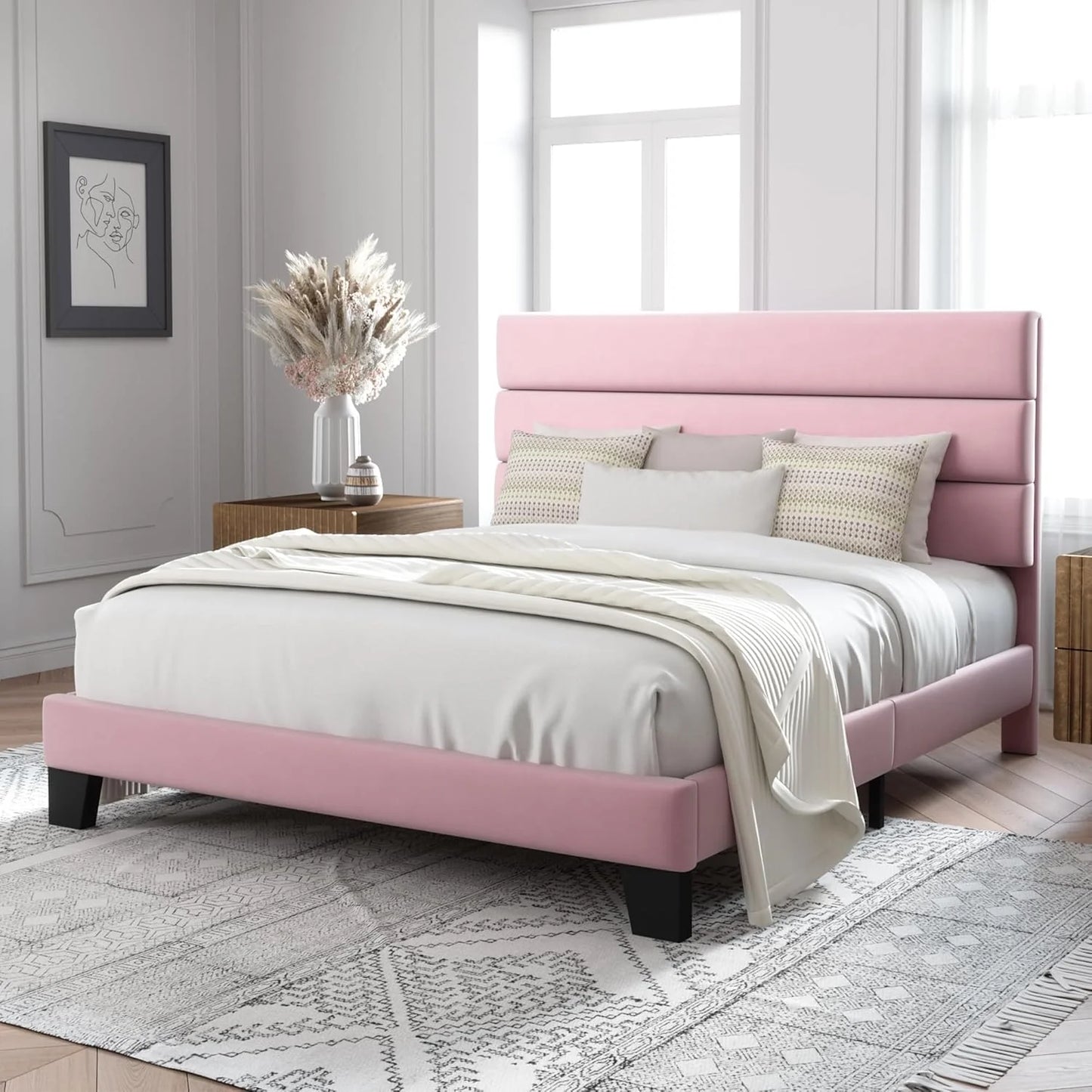 Allewie Queen Size Platform Bed Frame with Fabric Upholstered Headboard and Wooden Slats Support, Fully Upholstered Mattress Foundation/No Box Spring Needed