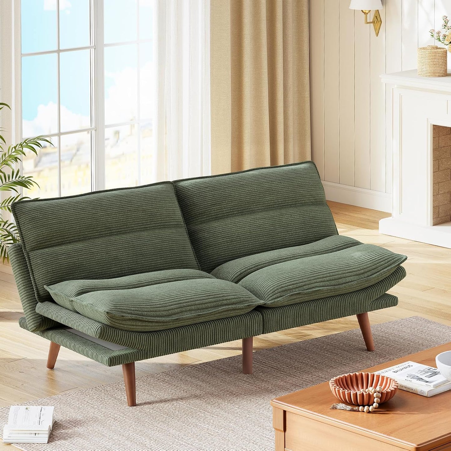 Futon Sofa Bed, Futon Sofa with Adjustable Back and Armrests, Converts to Small Sleeper Sofa Bed Corduroy Loveseat Green