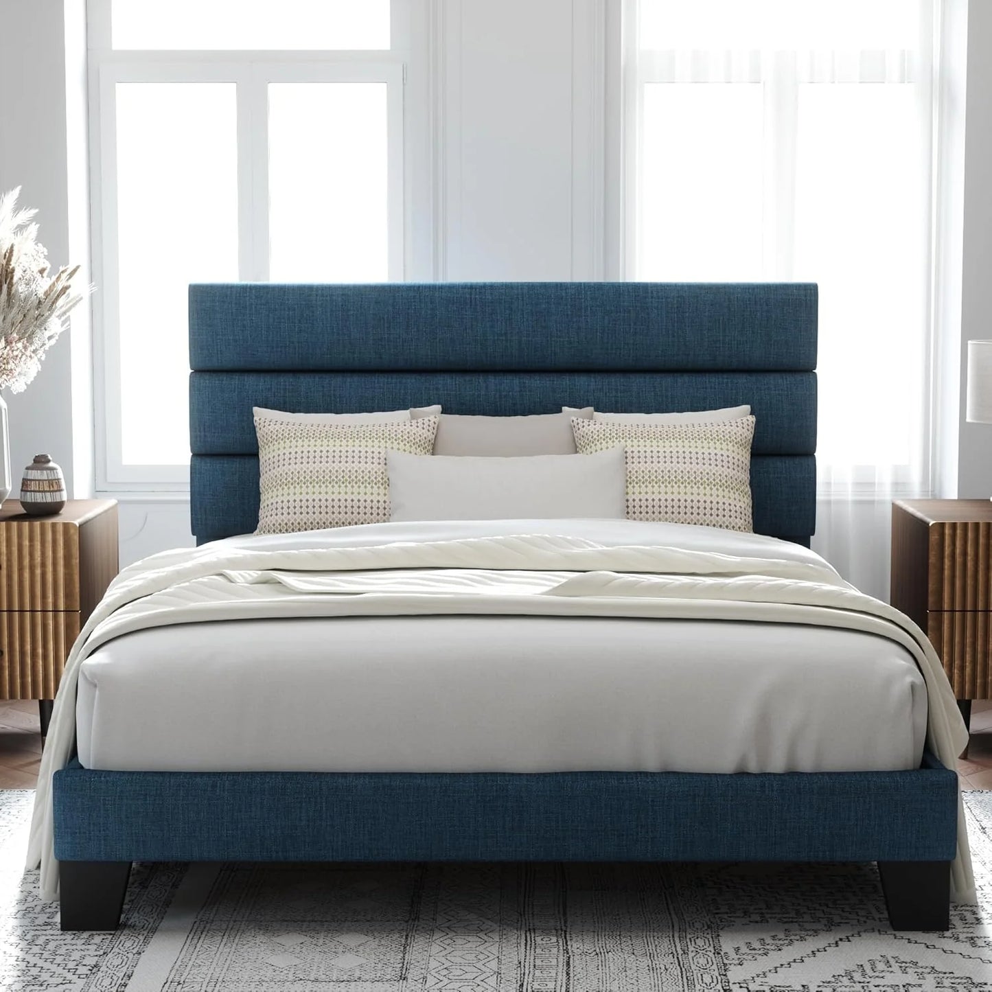 Allewie Queen Size Platform Bed Frame with Fabric Upholstered Headboard and Wooden Slats Support, Fully Upholstered Mattress Foundation/No Box Spring Needed
