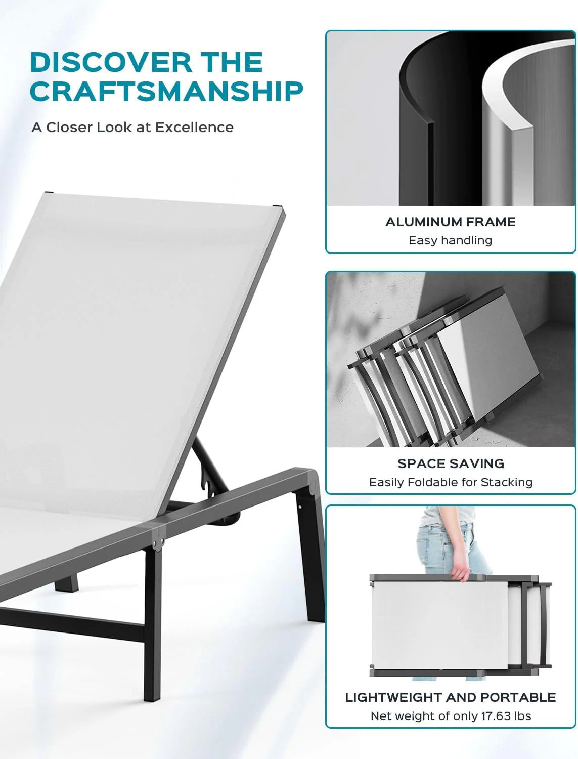 Aluminum Chaise Lounge Ourdoor - Foldable & Assemble Free Outdoor Lounge Chair with 5 Adjustable Backrest, Patio Lounge Chair for Outside Poolside Beach Pool, Black