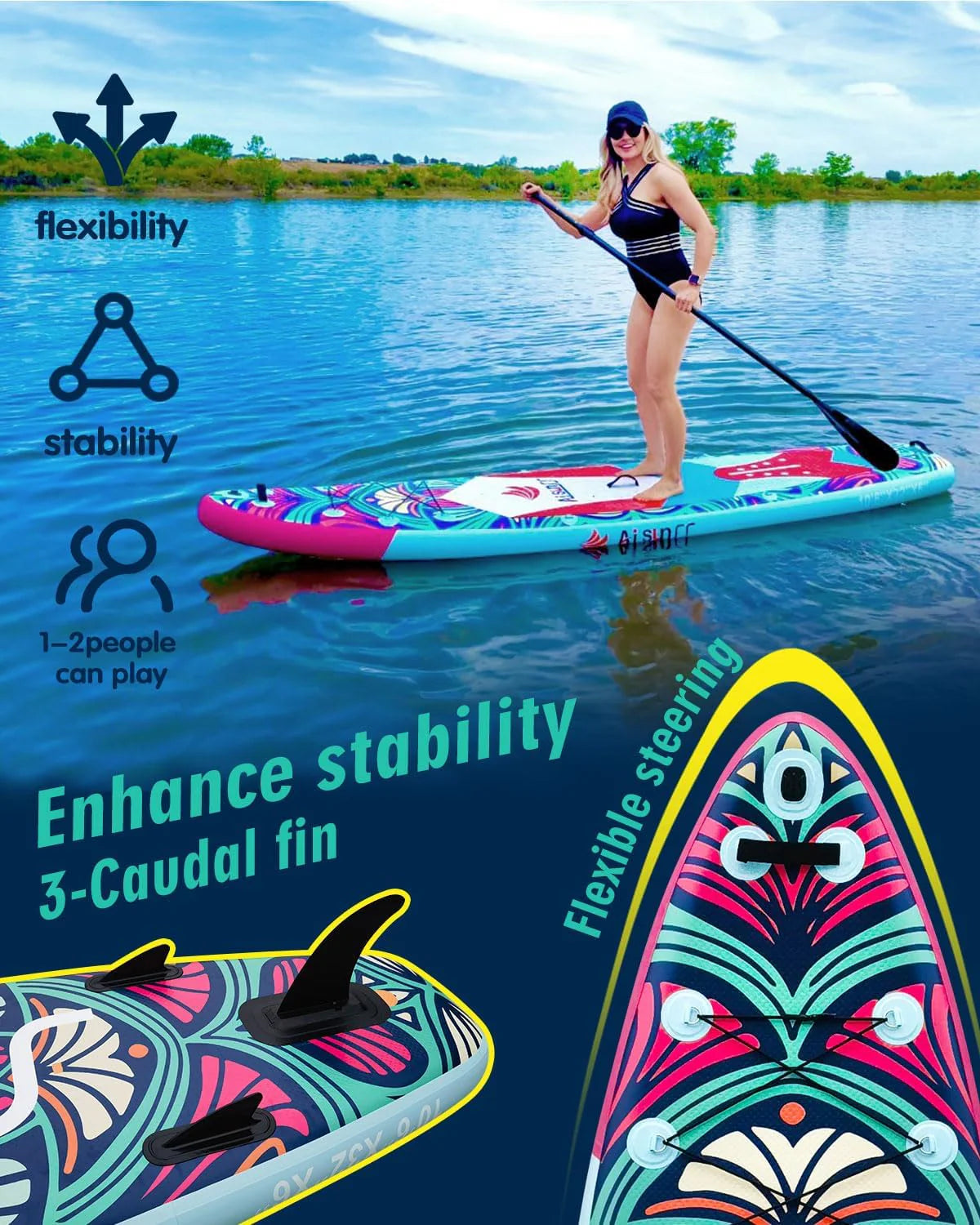 Inflatable wide SUP board with SUP carrying bag, hand pump, 10L waterproof bag and adjustable paddle