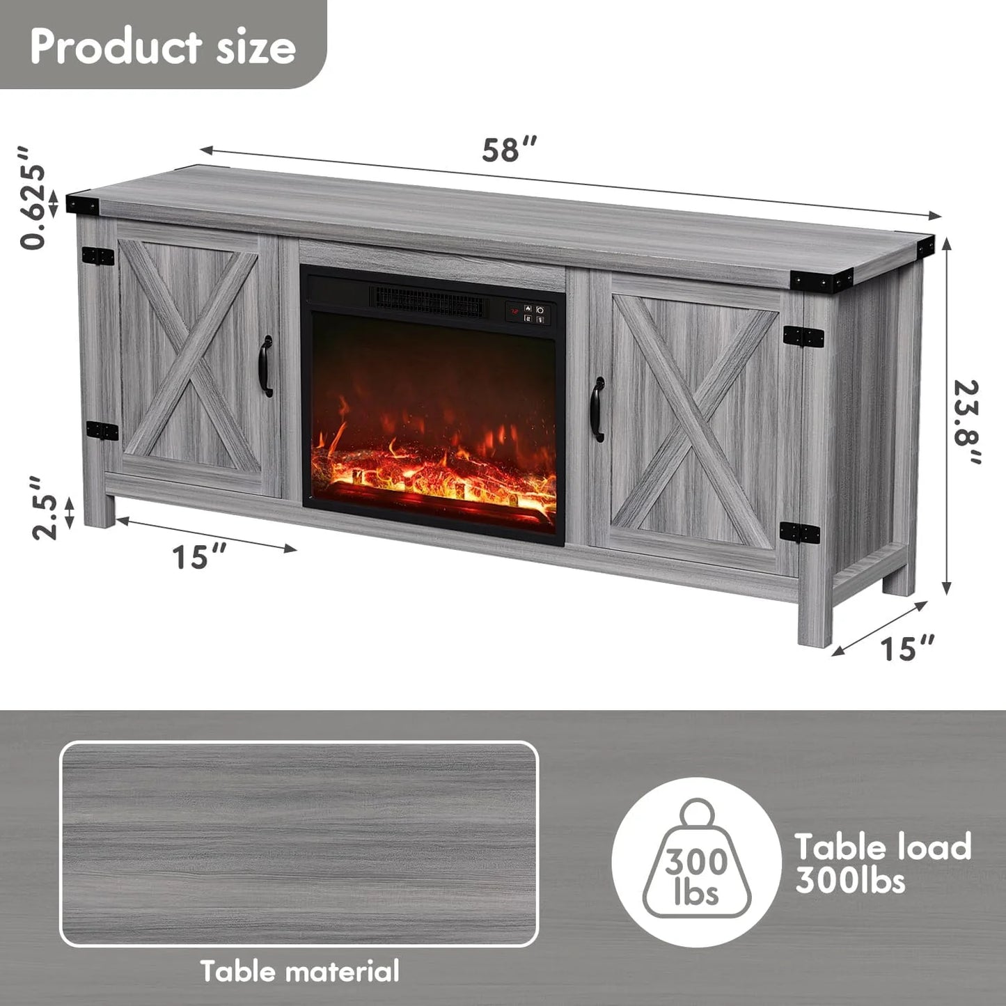 YESHOMY Fireplace TV Stand with Two Barn Doors and Storage Cabinets for Televisions up to 65+ Inch, Entertainment Center Console Table, Media Furniture for Living Room, 58 Inch