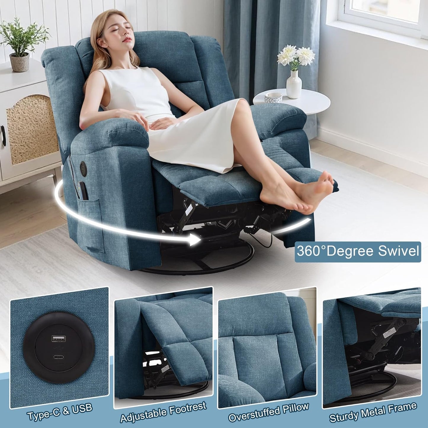 Adult rocking chair, gliding recliner, 360° rotating rocking chair with massage and heating function