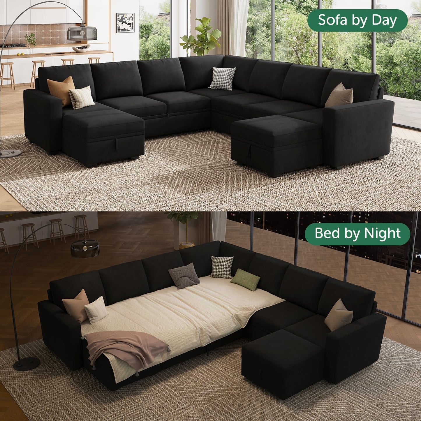 HONBAY Modular Sectional Sleeper Sofa with Pull Out Bed, L Shaped Couch with Storage Seat, Convertible Sectional Couches for Living Room