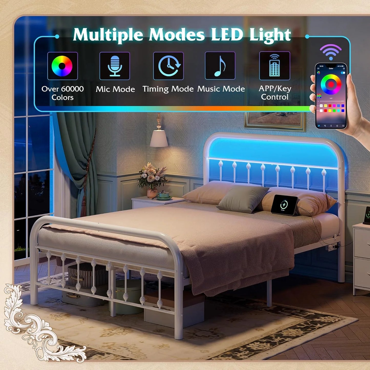 Full Size Bed Frame Full Bed Frame with LED Lights and Charging Station