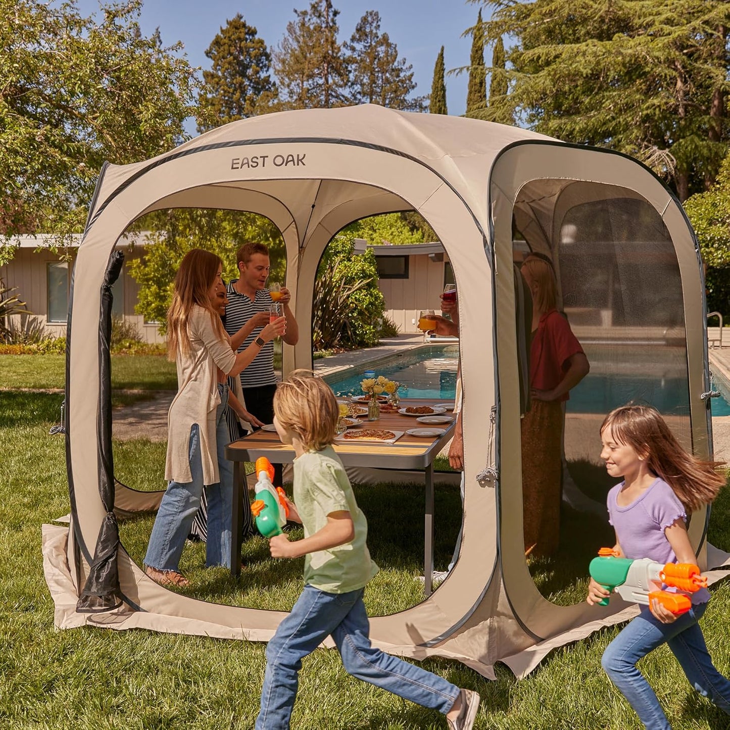 EAST OAK Screen House Tent Pop-Up, Portable Screen Room Canopy Instant Screen Tent 10 x 10 FT with Carry Bag for Patio, Backyard, Deck & Outdoor Activities, Beige