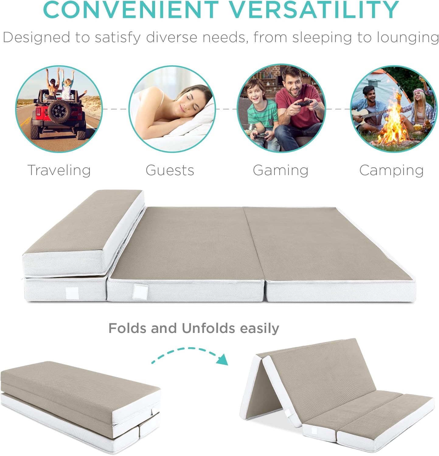 4in Portable Queen-Size Mattress, Tri-Fold Mattress for Camping, Guest, Toddler
