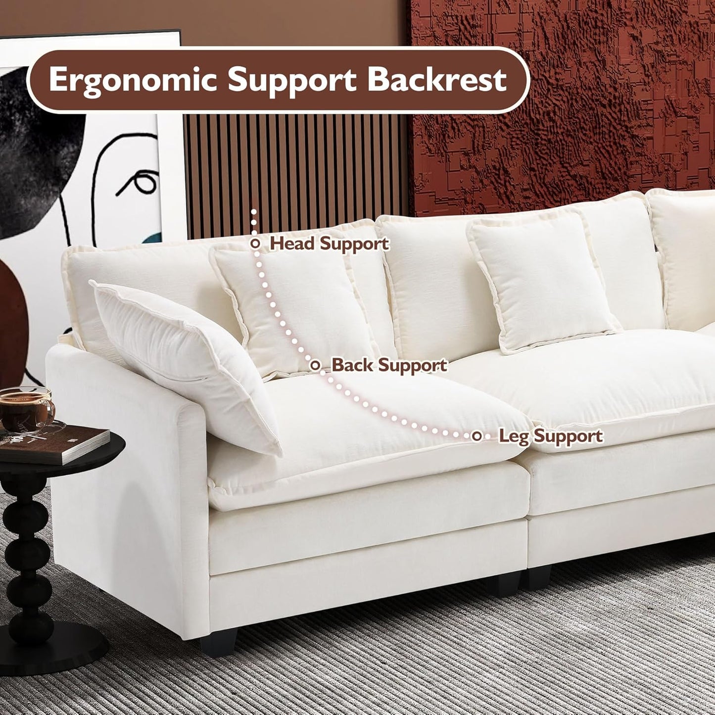 111.4 Inch L-Shaped Modern Sofa Modular Cloud Sofa with Ottoman, 4-Seater Chenille Deep Seat Sofa with Pillows for Living Room, Bedroom and Apartment, Beige