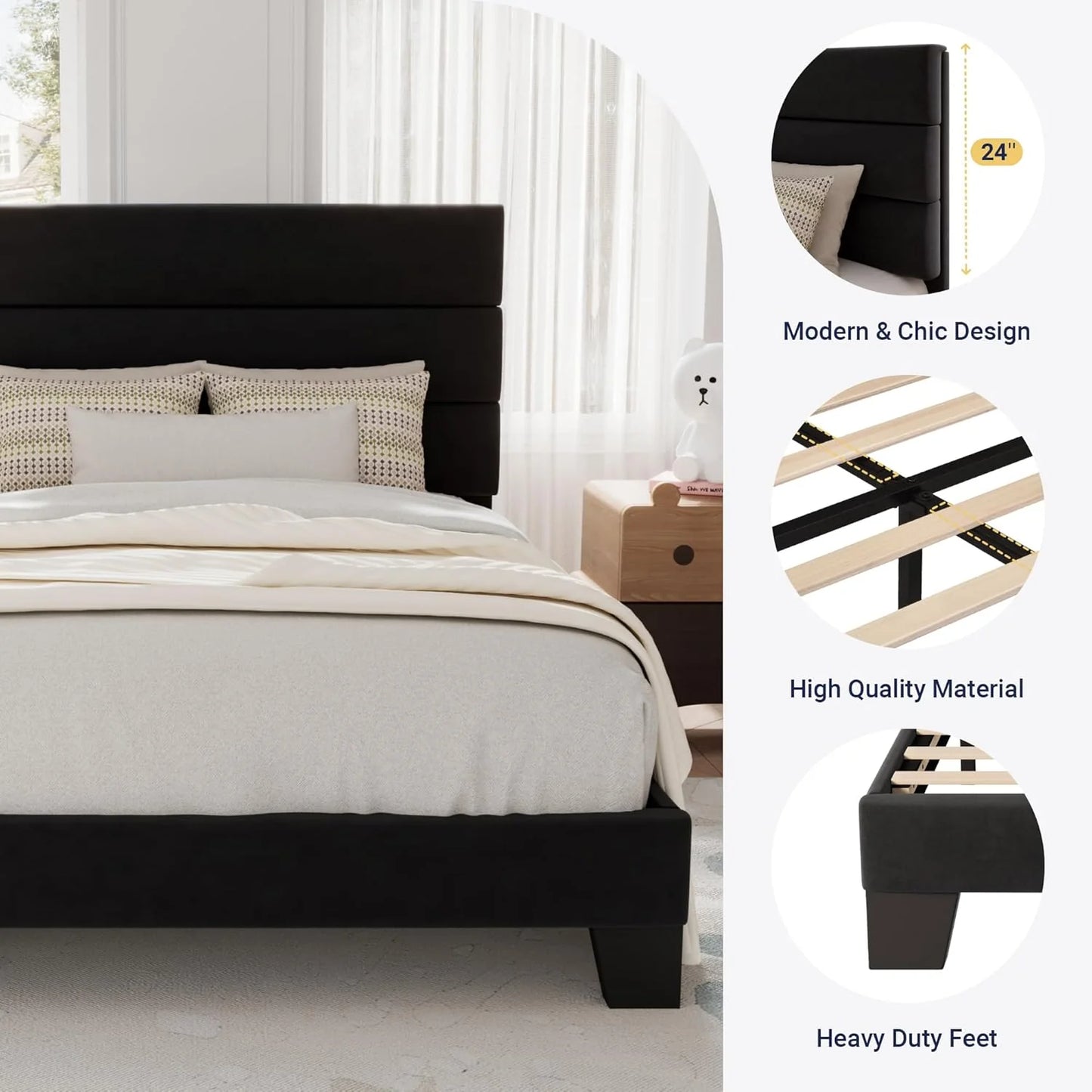 Allewie King size platform bed frame with velvet upholstered headboard and planks