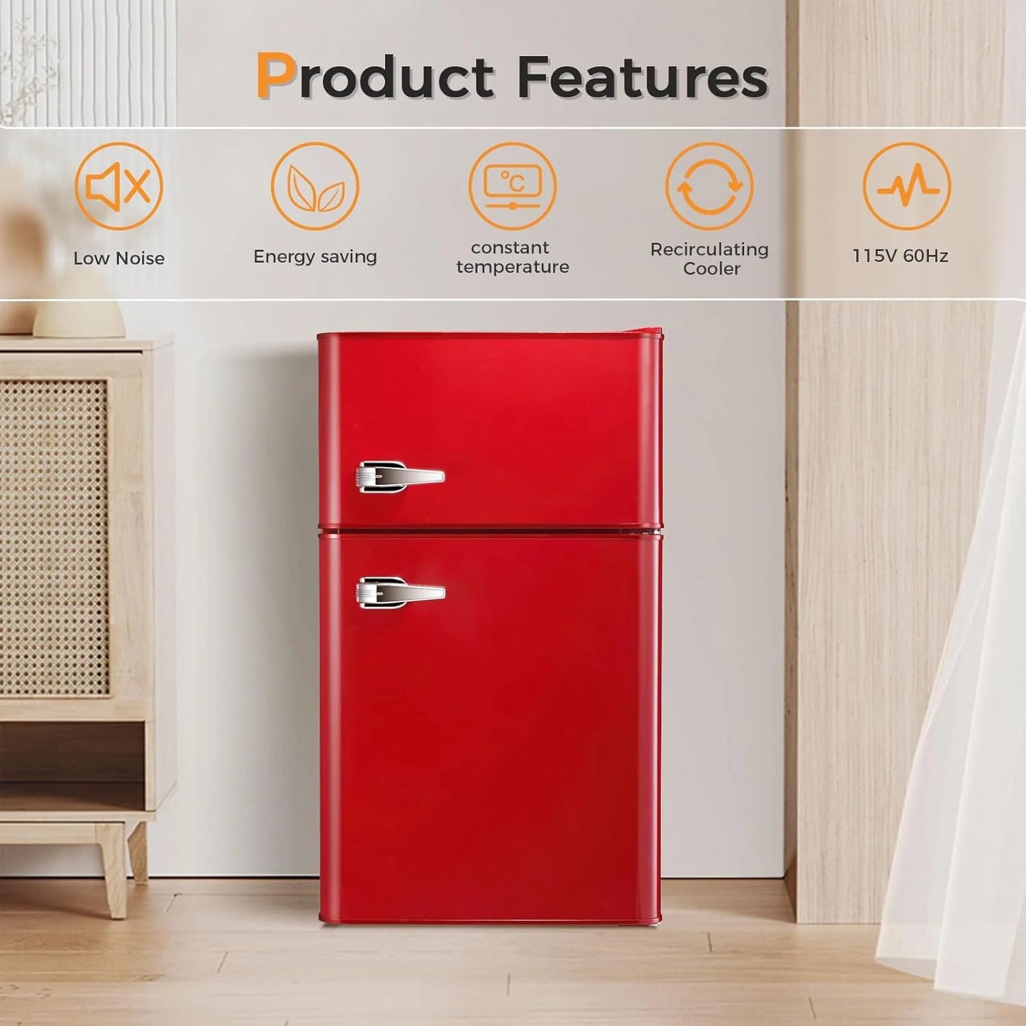 Antarctic Star Compact Mini Refrigerator Separate Freezer, Small Fridge Double 2-Door Adjustable Removable Retro Stainless Steel Shelves Living room/Kitchen/Dorm/Office 3.2 cu ft.Green